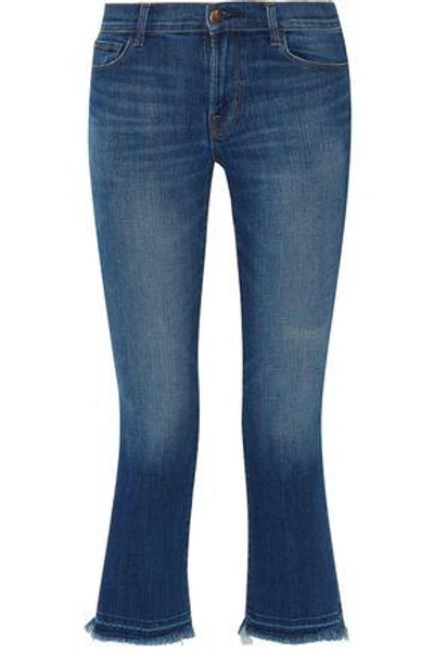 Shop J Brand Woman Selena Cropped Frayed Mid-rise Bootcut Jeans Mid Denim