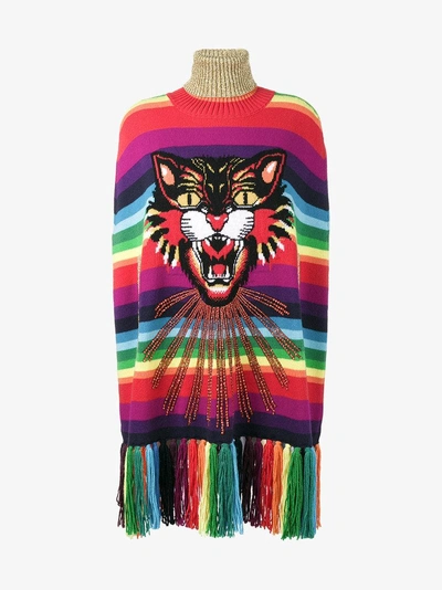 Shop Gucci Angry Cat Intarsia Striped Cape In Multicolour