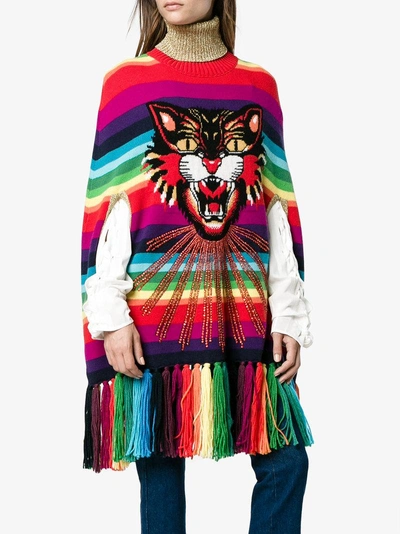 Shop Gucci Angry Cat Intarsia Striped Cape In Multicolour