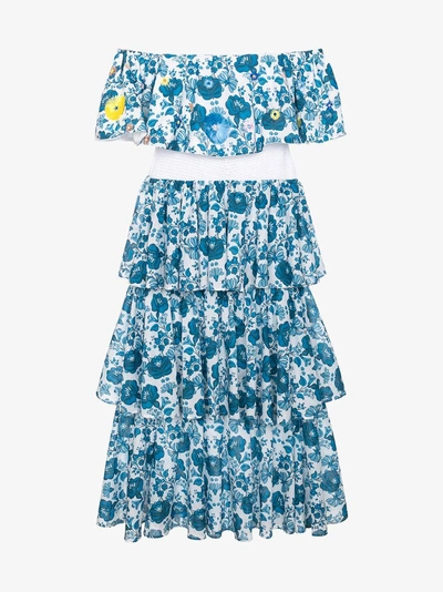 Shop All Things Mochi Natalia Floral Print Tiered Midi Dress In Blue