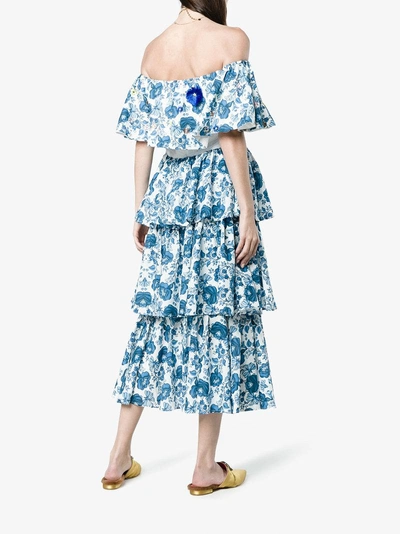 Shop All Things Mochi Natalia Floral Print Tiered Midi Dress In Blue