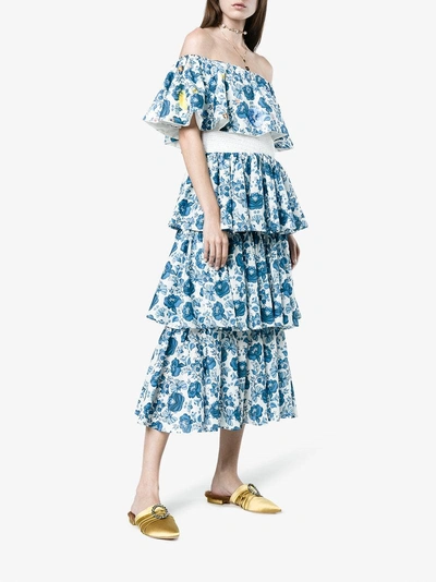 Shop All Things Mochi Natalia Floral Print Tiered Midi Dress In Blue