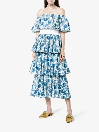 Shop All Things Mochi Natalia Floral Print Tiered Midi Dress In Blue