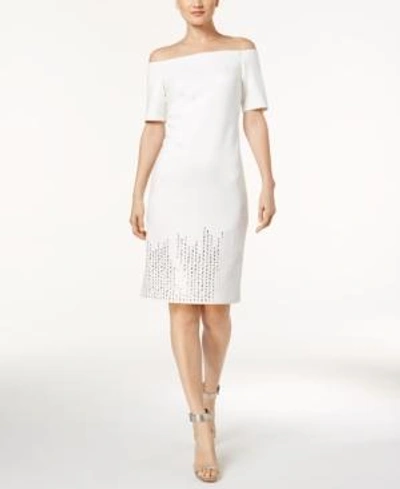 Shop Calvin Klein Off-the-shoulder Studded Sheath Dress In Cream