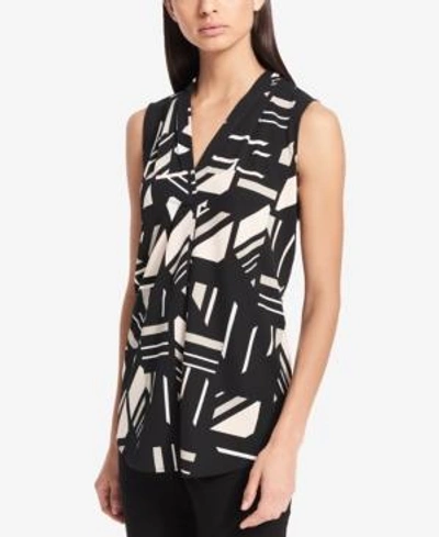Shop Calvin Klein Printed Pleated-neck Top, A Macy's Exclusive Style In Black Multi