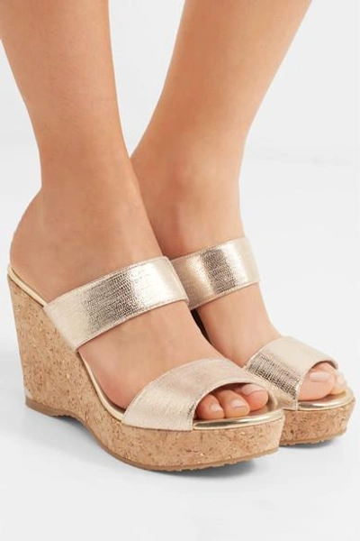 Shop Jimmy Choo Parker 100 Metallic Textured-leather Wedge Sandals In It35