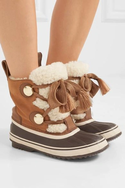 Shop Chloé + Sorel Crosta Leather-trimmed Suede And Shearling Boots In Brown