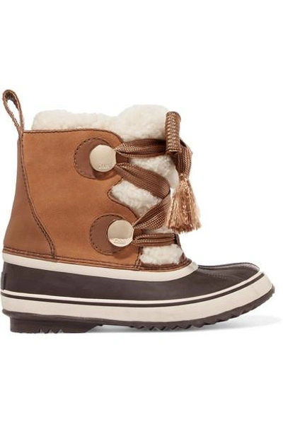 Shop Chloé + Sorel Crosta Leather-trimmed Suede And Shearling Boots In Brown