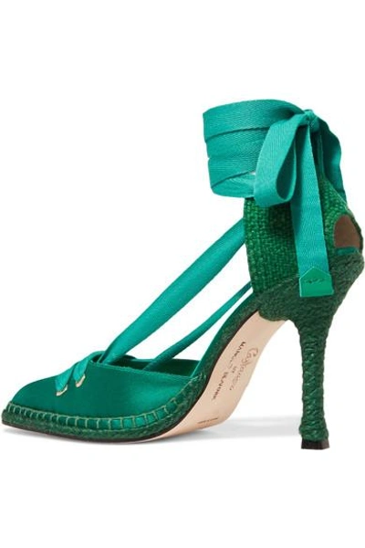 Shop Castaã±er Manolo Blahnik By Night Satin And Raffia Pumps In Emerald