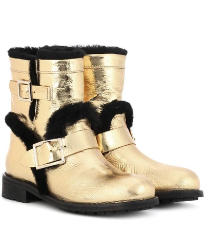 Shop Jimmy Choo Youth Fur-lined Leather Ankle Boots In Gold