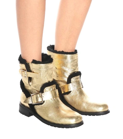 Shop Jimmy Choo Youth Fur-lined Leather Ankle Boots In Gold