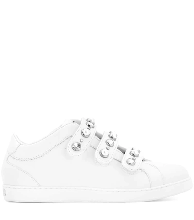 Shop Jimmy Choo Ny Embellished Leather Sneakers In White