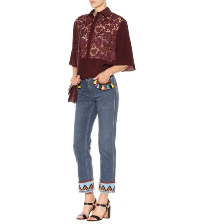 Shop Valentino Lace-trimmed Silk Blouse In Red