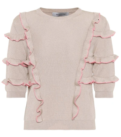 Shop Valentino Ruffle-trimmed Cotton Sweater In Beige