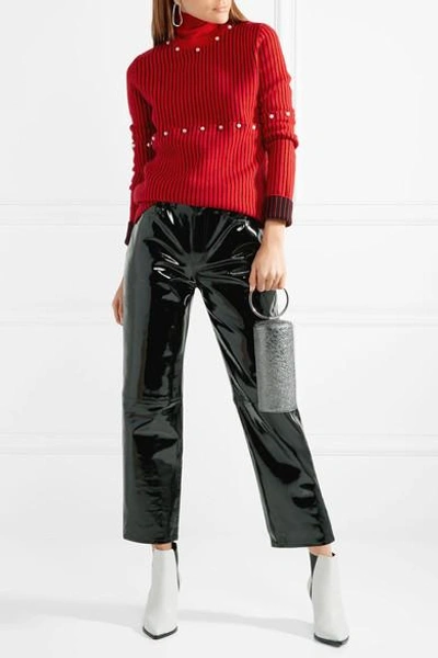 Shop Opening Ceremony Convertible Faux Pearl-embellished Wool-jacquard Turtleneck Sweater In Red