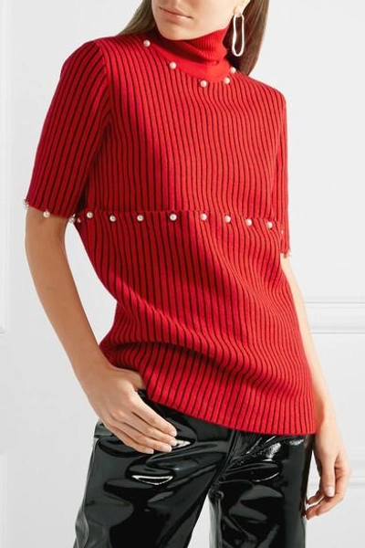 Shop Opening Ceremony Convertible Faux Pearl-embellished Wool-jacquard Turtleneck Sweater In Red