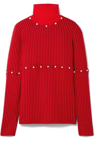 Shop Opening Ceremony Convertible Faux Pearl-embellished Wool-jacquard Turtleneck Sweater In Red