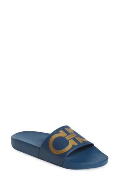 Shop Ferragamo Logo Slide Sandal In Blue/ Gold