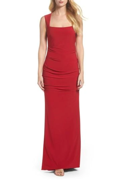 Shop Adrianna Papell Square Neck Ruched Gown In Cardinal