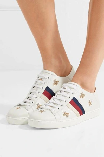 Shop Gucci Ace Embroidered Leather Collapsible-heel Sneakers