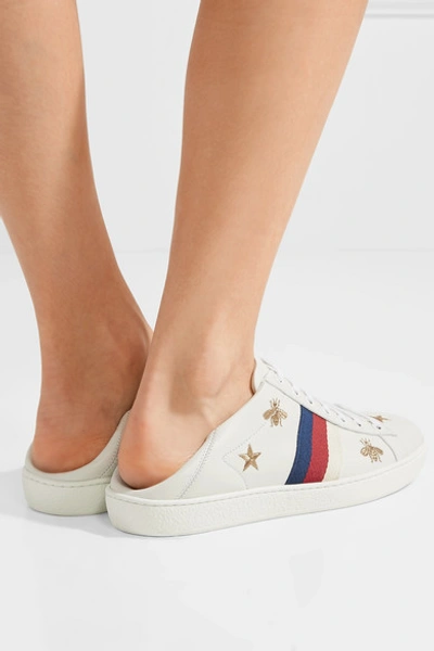 Shop Gucci Ace Embroidered Leather Collapsible-heel Sneakers