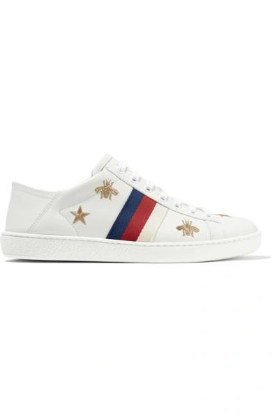 Gucci Ace Embroidered Leather Collapsible-heel Sneakers In Gold Tone,white  | ModeSens