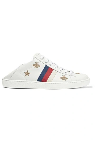 Shop Gucci Ace Embroidered Leather Collapsible-heel Sneakers