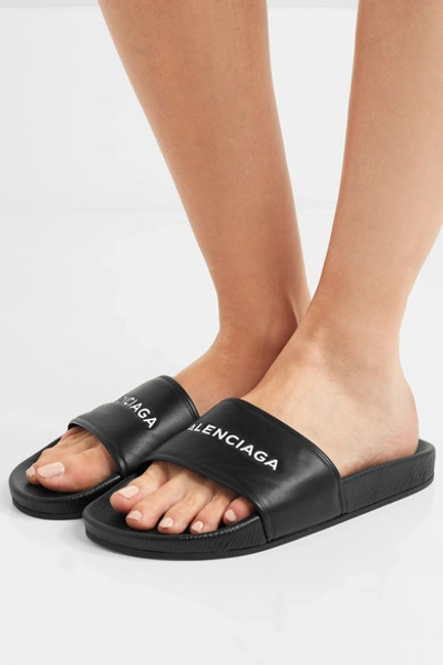 Shop Balenciaga Logo-print Leather Slides In Black