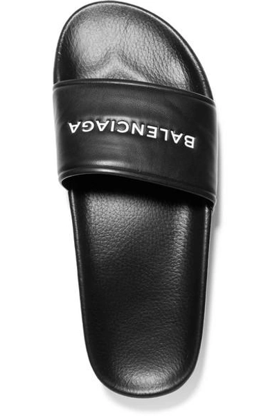 Shop Balenciaga Logo-print Leather Slides In Black