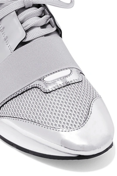 Shop Balenciaga Race Runner Metallic Leather, Mesh And Neoprene Sneakers In Silver