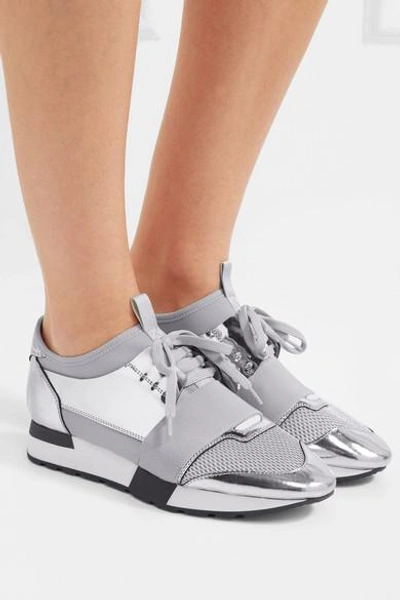 Shop Balenciaga Race Runner Metallic Leather, Mesh And Neoprene Sneakers In Silver