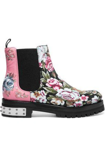 Shop Alexander Mcqueen Woman Floral Embroidered And Printed Leather Ankle Boots Pink