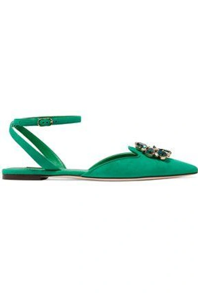 Shop Dolce & Gabbana Woman Bellucci Crystal-embellished Suede Point-toe Flats Jade