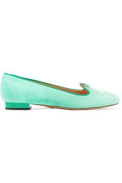 Shop Charlotte Olympia Woman Kitty Embellished Suede Ballet Flats Mint