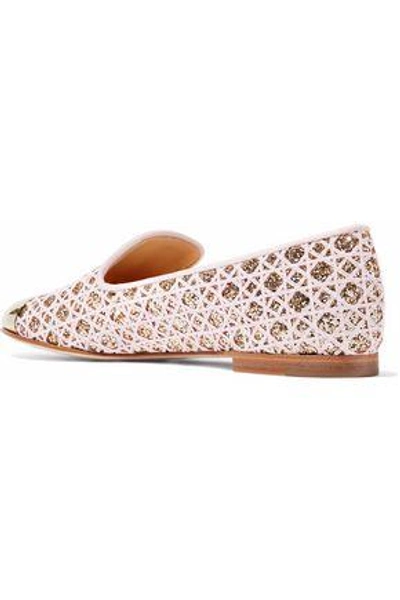 Shop Giuseppe Zanotti Woman Embroidered Glittered Leather Slippers Pastel Pink