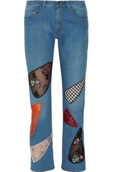 Shop Christopher Kane Woman Sequined Lace-paneled Mid-rise Boyfriend Jeans Mid Denim