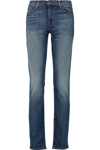 Shop J Brand Woman Mid-rise Distressed Straight-leg Jeans Mid Denim