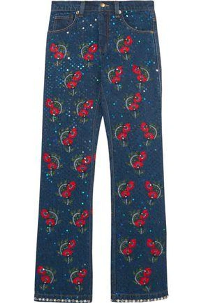 Shop Ashish Woman Voyage Embellished Embroidered Mid-rise Straight-leg Jeans Dark Denim