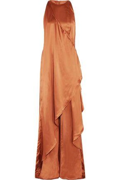 Shop Balmain Woman Asymmetric Draped Satin Maxi Dress Brick