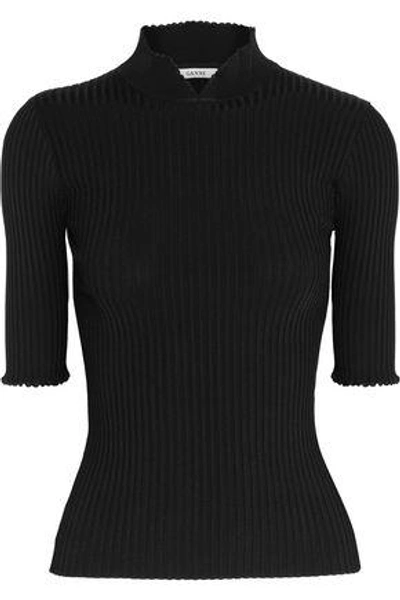 Shop Ganni Woman Evangel Ribbed Stretch-knit Top Black