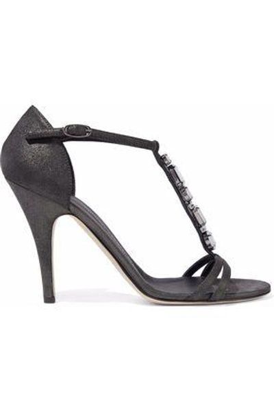 Shop Giuseppe Zanotti Woman Crystal-embellished Metallic Nubuck Sandals Dark Gray