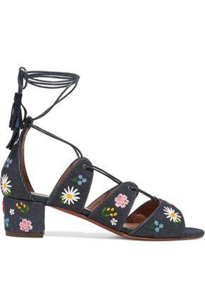 Shop Tabitha Simmons Woman Isadora Embroidered Denim Sandals Dark Denim