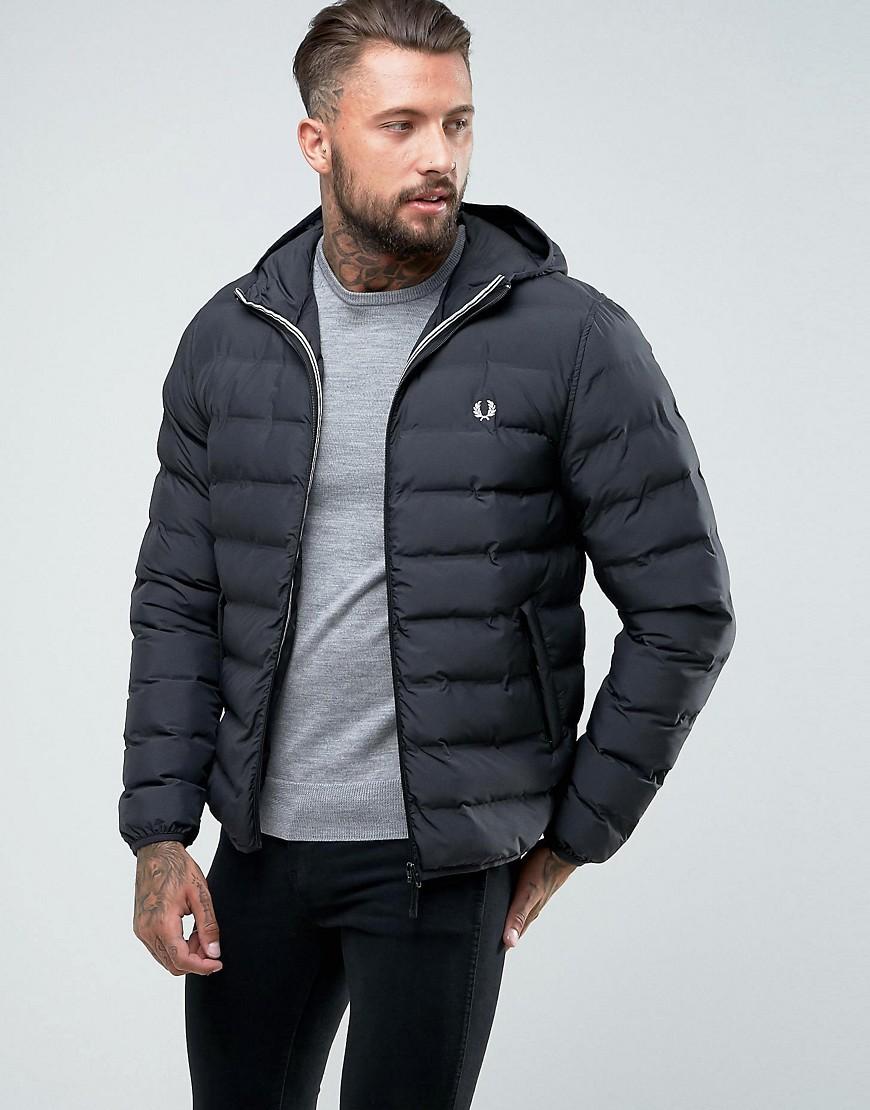 fred perry hooded puffer jacket in black