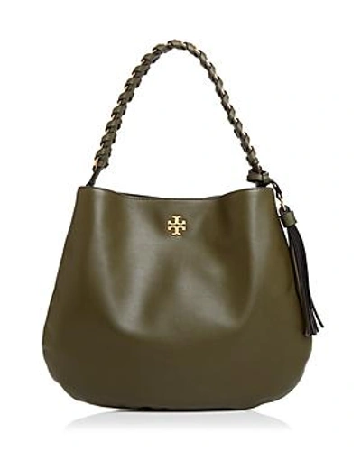 Shop Tory Burch Brooke Leather Hobo In Leccio Green/gold