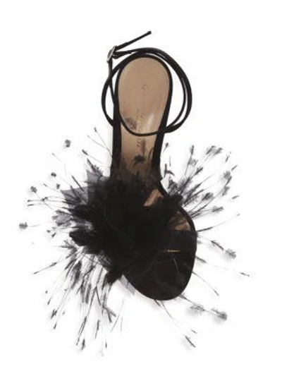 Shop Gianvito Rossi Feather Flower Ankle-wrap Sandals In Black