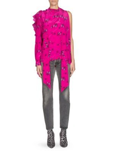 Shop Balenciaga One-sleeve Multi-snap Silk Blouse In Fuchsia