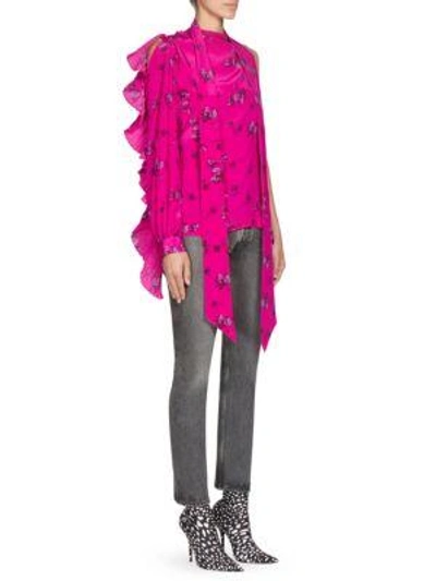 Shop Balenciaga One-sleeve Multi-snap Silk Blouse In Fuchsia
