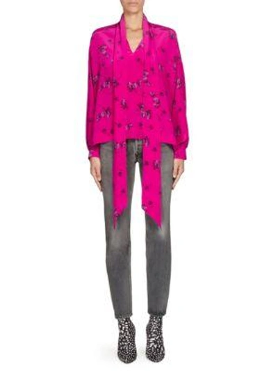Shop Balenciaga Floral Silk Tie-neck Blouse In Fuchsia