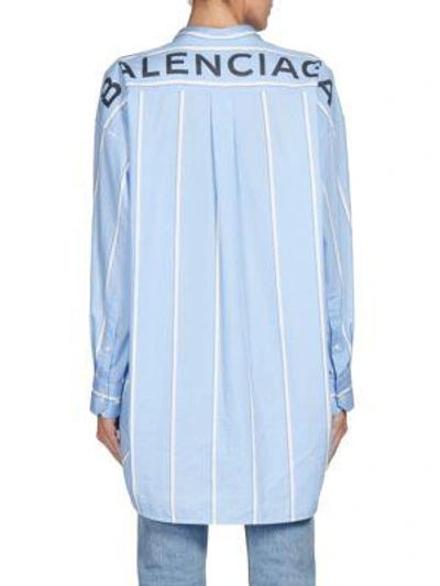Shop Balenciaga Stripe Hi-lo Poplin Shirt In Light Blue