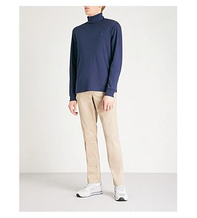 Shop Polo Ralph Lauren Logo-embroidered Turtleneck Cotton-jersey Top In French Navy